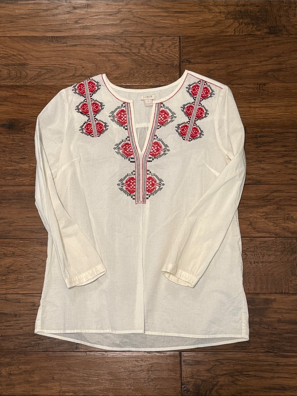 JCrew White Embroidered Split-Neck Tunic Top - Red & Black Detail